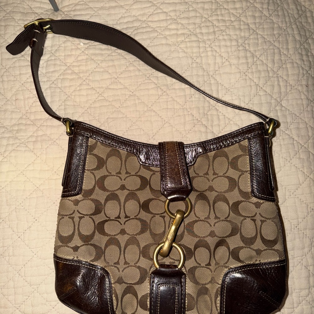 Coach Brown Signature Canvas Shoulder Bag with Dark Brown Leather